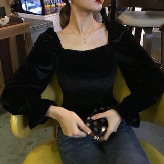 Bell-sleeve Smocked Velvet Top Black - One Size