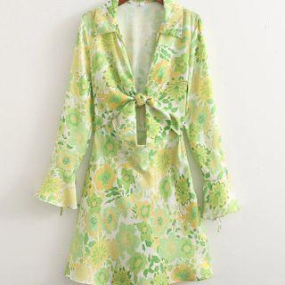 Flared-cuff Floral Print Knotted Cutout A-line Dress