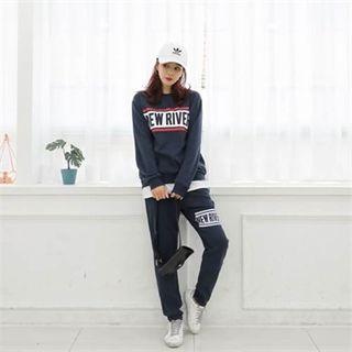 Set: Layered-hem Lettering Sweatshirt + Tapered Sweatpants