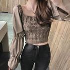 Balloon-sleeve Cropped Pointelle Knit Top