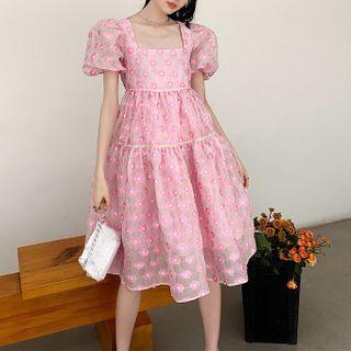 Puff-sleeve Open-back Floral Embroidered Midi A-line Dress
