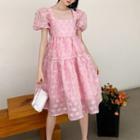 Puff-sleeve Open-back Floral Embroidered Midi A-line Dress