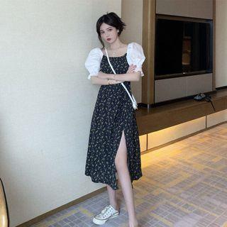 Puff-sleeve Panel Slit-side Floral Midi Dress