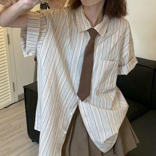 Elbow-sleeve Striped Shirt Stripe - White Gray - One Size