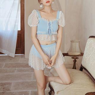 Set: Dotted Panel Short-sleeve Tankini Top + Swim Skirt