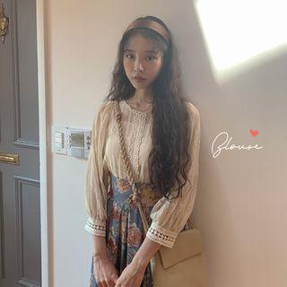 Lace Trim 3/4-sleeve Blouse / Camisole Top / Flower Print Midi A-line Skirt / Set