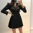 Notch Lapel Long-sleeve Pleated Dress
