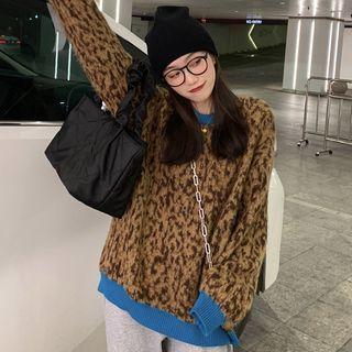 Long-sleeve Contrast Trim Leopard Print Sweater Coffee & Blue - One Size