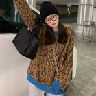 Long-sleeve Contrast Trim Leopard Print Sweater Coffee & Blue - One Size