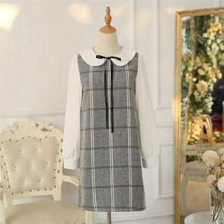 Mock Two-piece Plaid Panel Long-sleeve Mini A-line Dress
