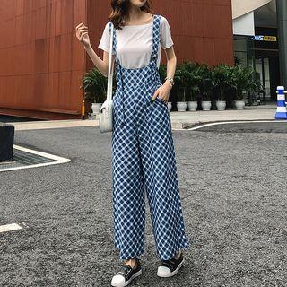 Set: Crew-neck Short-sleeve T-shirt + Plaid Wide-leg Suspender Pants