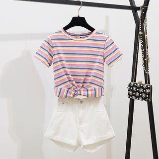 Short-sleeve Striped Top / Denim Shorts / Set