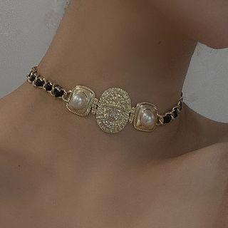 Rhinestone Faux Pearl Choker Gold & Black - One Size