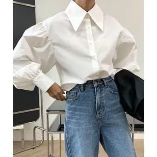 Balloon-sleeve Plain Shirt White - One Size