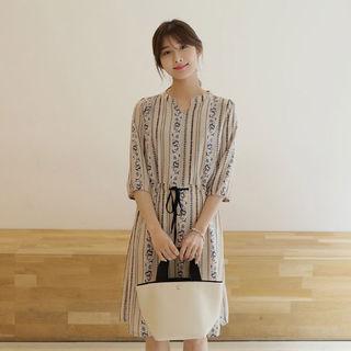 Open-placket Drawstring-waist Pattern Dress