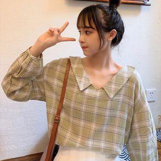 Long-sleeve Plaid Ribbon Back Top