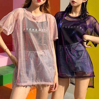 Set: Short-sleeve Lettering Mesh Top + Camisole