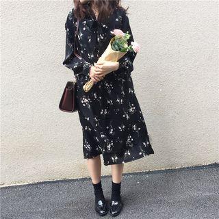 Long-sleeve Floral Midi Chiffon Dress Black - One Size