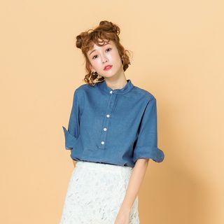 Stand Collar Half Placket Denim Shirt