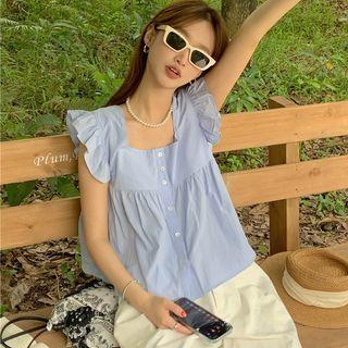 Ruffled Trim Cropped Blouse Blue - One Size