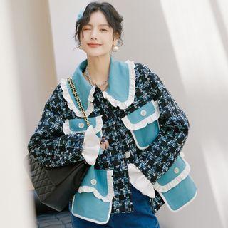 Ruffle Trim Contrast Panel Tweed Jacket