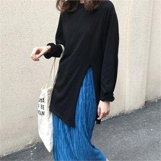 Slit-front Long T-shirt Black - One Size