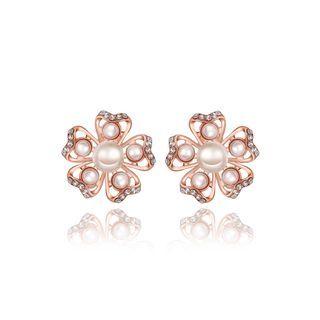 Elegant Romantic Sweet Rose Gold Plated Flower Non Natural Pearl Earrings Ear Studs Rose Gold - One Size