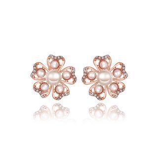 Elegant Romantic Sweet Rose Gold Plated Flower Non Natural Pearl Earrings Ear Studs Rose Gold - One Size