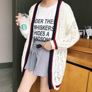 Contrast Trim Pointelle Knit Cardigan