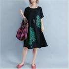 Short-sleeve Leaf Print A-line Dress Black - One Size