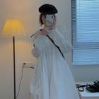 Long-sleeve Frill Trim Stand Collar A-line Shirtdress White - One Size