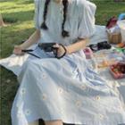 Short-sleeve Floral Embroidered Midi A-line Dress Daisy - Blue - One Size