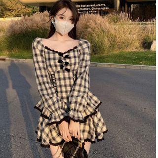 Long-sleeve Lace-trim Plaid Tiered Mini A-line Dress