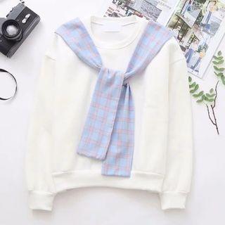Inset Plaid Scarf Fleece-lined Pullover Blue - One Size