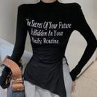 Long-sleeve Lettering Print Slit Fitted T-shirt