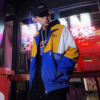 Color Block Lettering Embroidered Zip Jacket