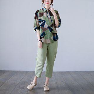 Set: Elbow-sleeve Geometric Print Polo Shirt + Capri Pants
