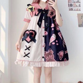 Short-sleeve Cartoon Print Mini Smock Dress / Cat Ear Headpiece / Set