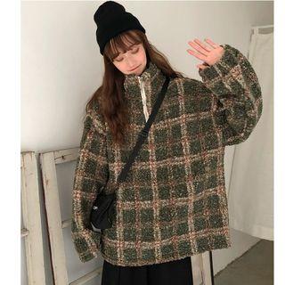 Faux Shearling Plaid Half-zip Pullover