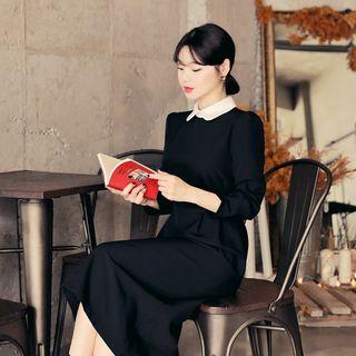 Contrast-collar Pintuck Midi Dress