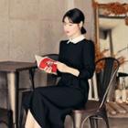 Contrast-collar Pintuck Midi Dress