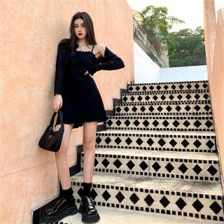 Spaghetti Strap Ribbed Mini Dress / Cropped Cardigan