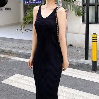 Spaghetti Strap Midi Slit Knit Dress Black - One Size