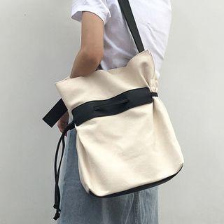Faux Leather Panel Canvas Bucket Bag