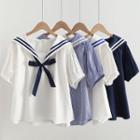 Short-sleeve Bow Accent Sailor Collar Blouse