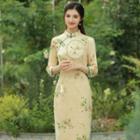 Floral Print 3/4 Sleeve Qipao Dress