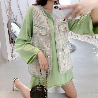 Distressed Long-sleeve T-shirt / Tweed Vest / Set