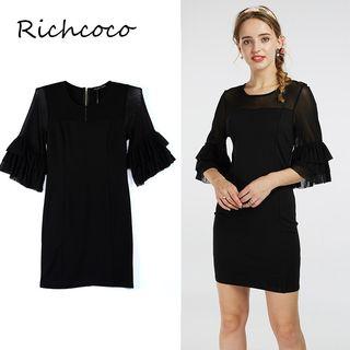 Tiered Elbow-sleeve Panel Sheath Dress