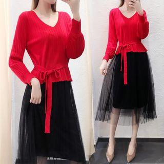 Set: Tie-waist Sweater + Midi A-line Mesh Skirt