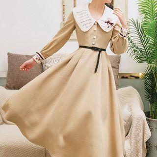Embroidered Collar A-line Midi Dress